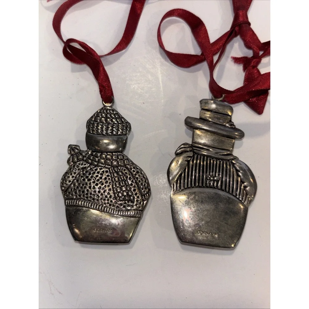 2 Vintage Gorham Silver Plated Snowmen Christmas Ornaments
